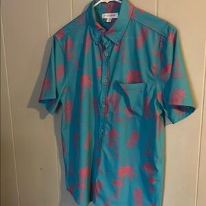 Vintage summer Tropical pineapple & Palm Tree Button-down shirt • teal & pink